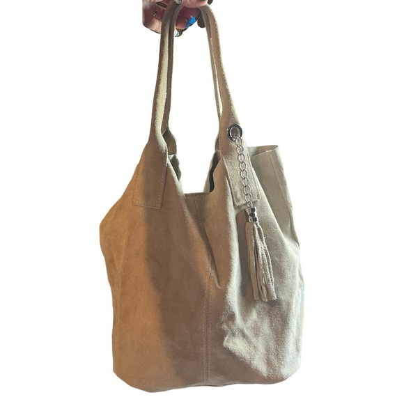 Handbags - Genuine Leather Tan Suede Slouchy Shoulder Bag